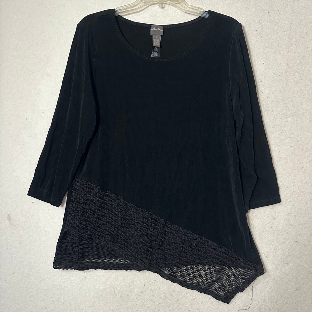 Travelers by Chicos Black Asymmetrical Crochet Hem Top 3/4 Sleeve Size 2 L Large